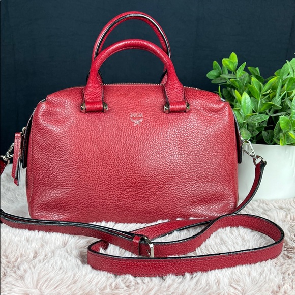Authentic MCM Red Pebbled Leather Boston Bag Satchel EUC...
